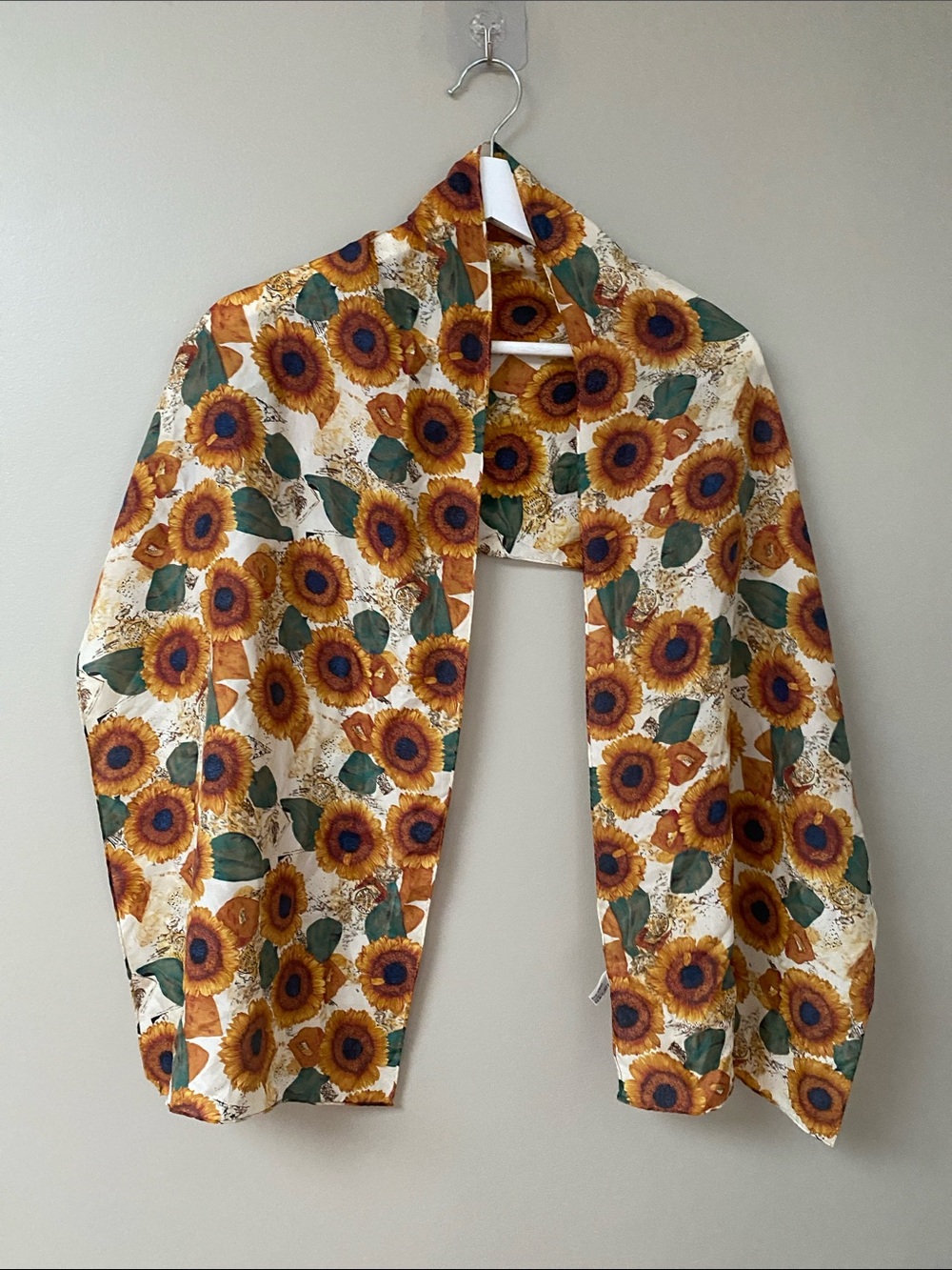 Vintage Silk Sunflower Print Lightweight Scarf - Cream & Gold